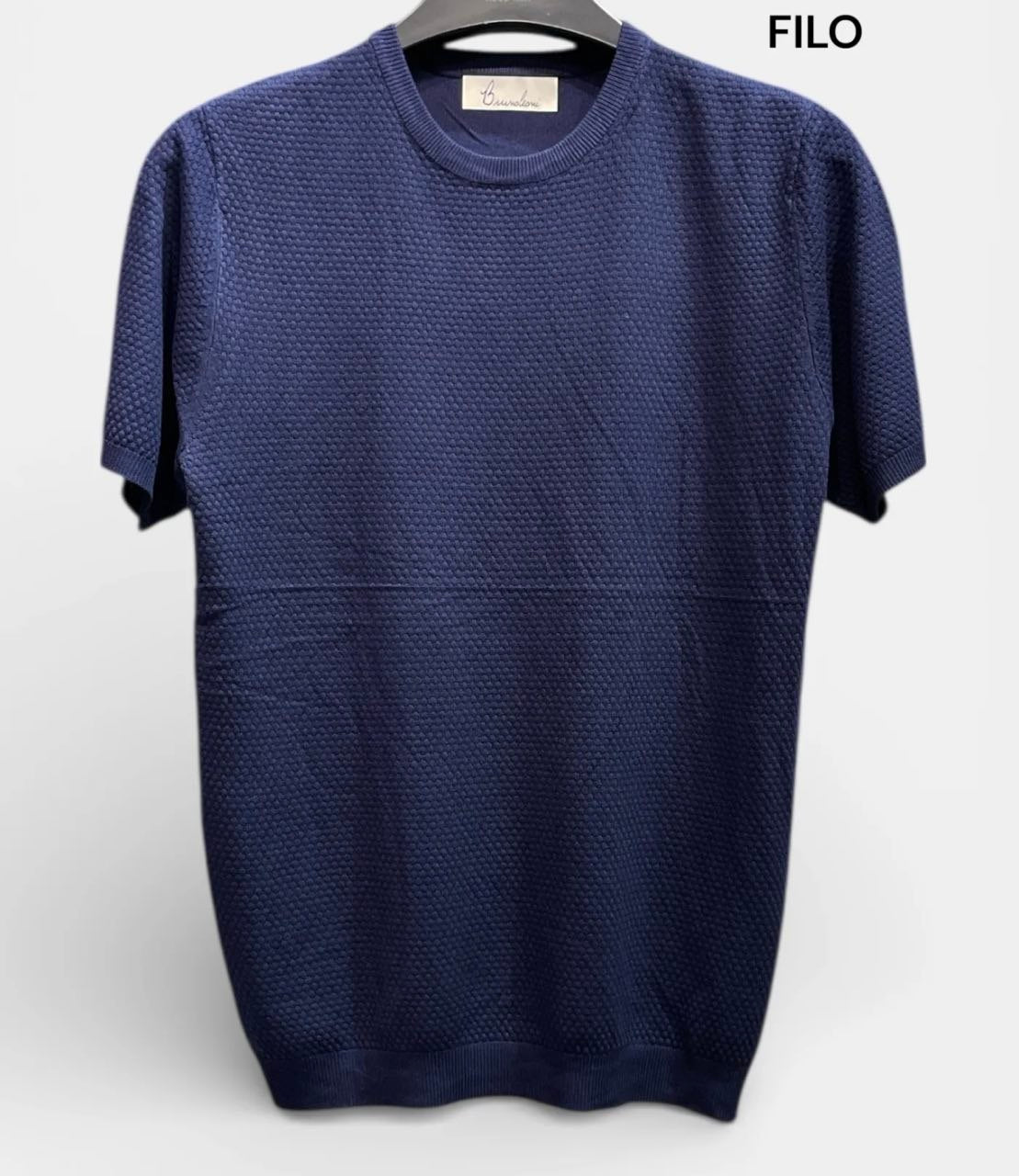 T shirt girocollo in filo blu con ricamo | MT977